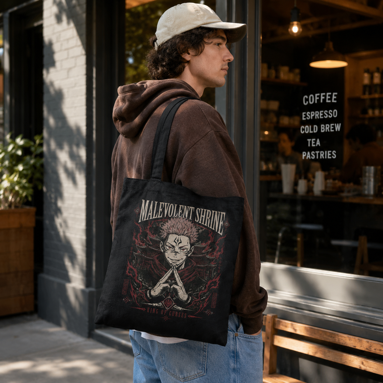 Black tote bag with Ryomen Sukuna Jujutsu Kaisen Malevolent Shrine graphic – photo 3