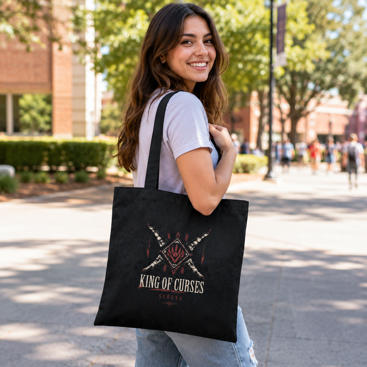 Black tote bag with Ryomen Sukuna Jujutsu Kaisen Malevolent Shrine graphic – photo 4