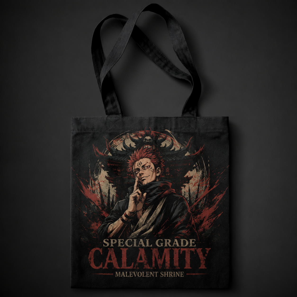 Black tote bag with Ryomen Sukuna Jujutsu Kaisen Special Grade Calamity graphic – photo 1