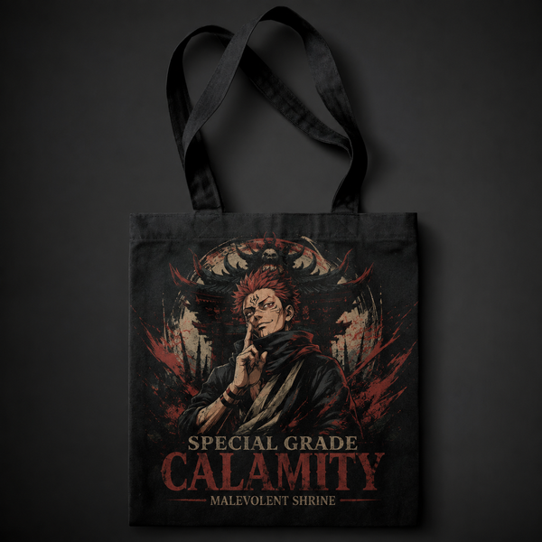 Black tote bag with Ryomen Sukuna Jujutsu Kaisen Special Grade Calamity graphic – photo 1