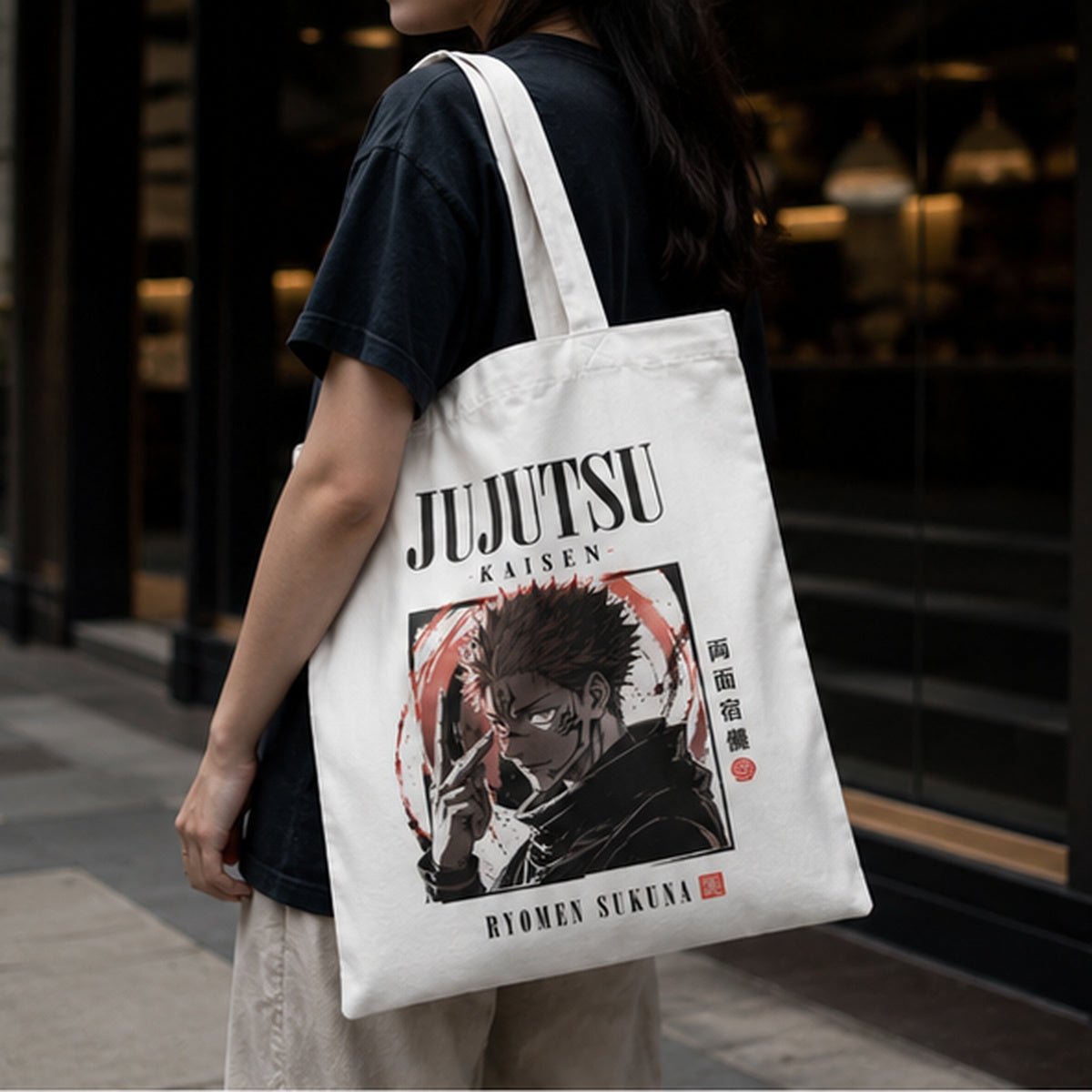 White tote bag with Ryomen Sukuna Jujutsu Kaisen Sukuna Ink Portrait graphic – photo 1
