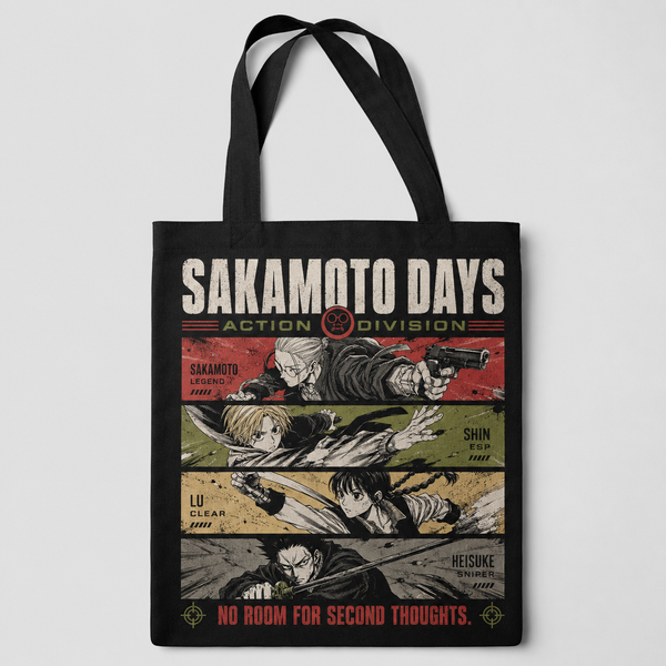 Black tote bag with Sakamoto Days Action Division graphic – photo 1