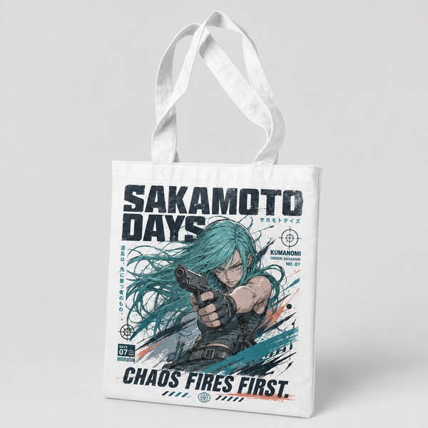 White tote bag with Sakamoto Days Chaos Fires First graphic – photo 2