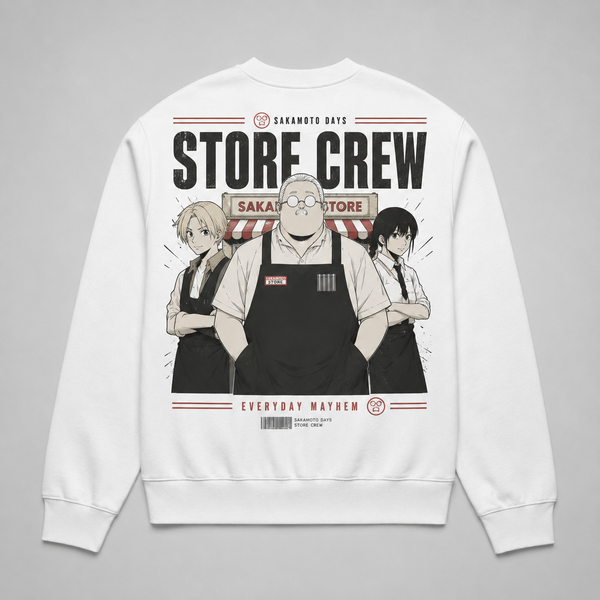 White sweatshirt with Sakamoto Days Store Crew graphic – photo 1