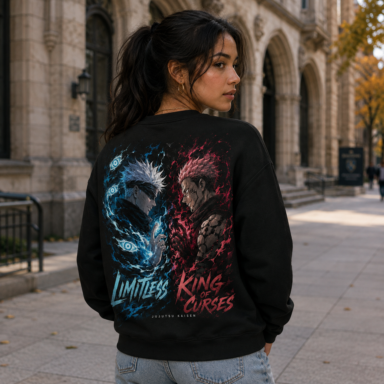 Black sweatshirt with Satoru Gojo and Ryomen Sukuna Jujutsu Kaisen Limitless Vs Curses graphic – photo 3