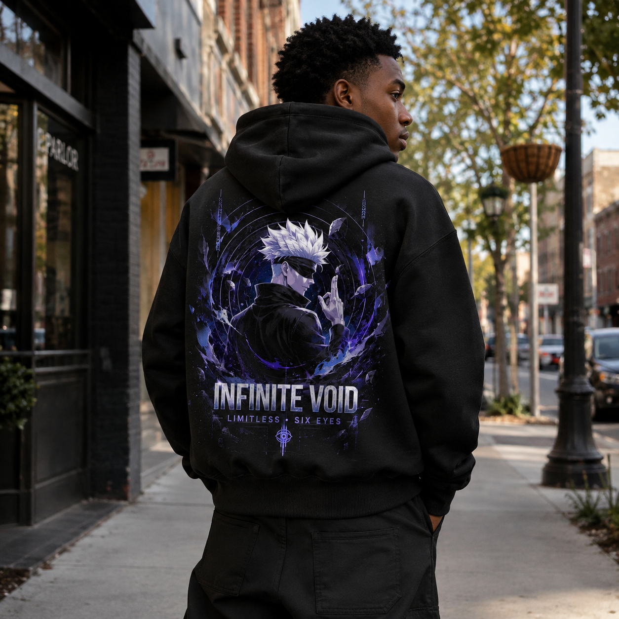 Black hoodie with Satoru Gojo Jujutsu Kaisen Infinite Void graphic – photo 3