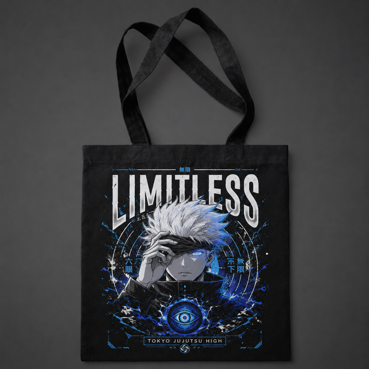Black tote bag with Satoru Gojo Jujutsu Kaisen Limitless Blue graphic – photo 1