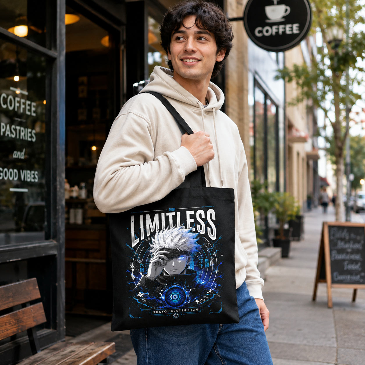 Black tote bag with Satoru Gojo Jujutsu Kaisen Limitless Blue graphic – photo 3