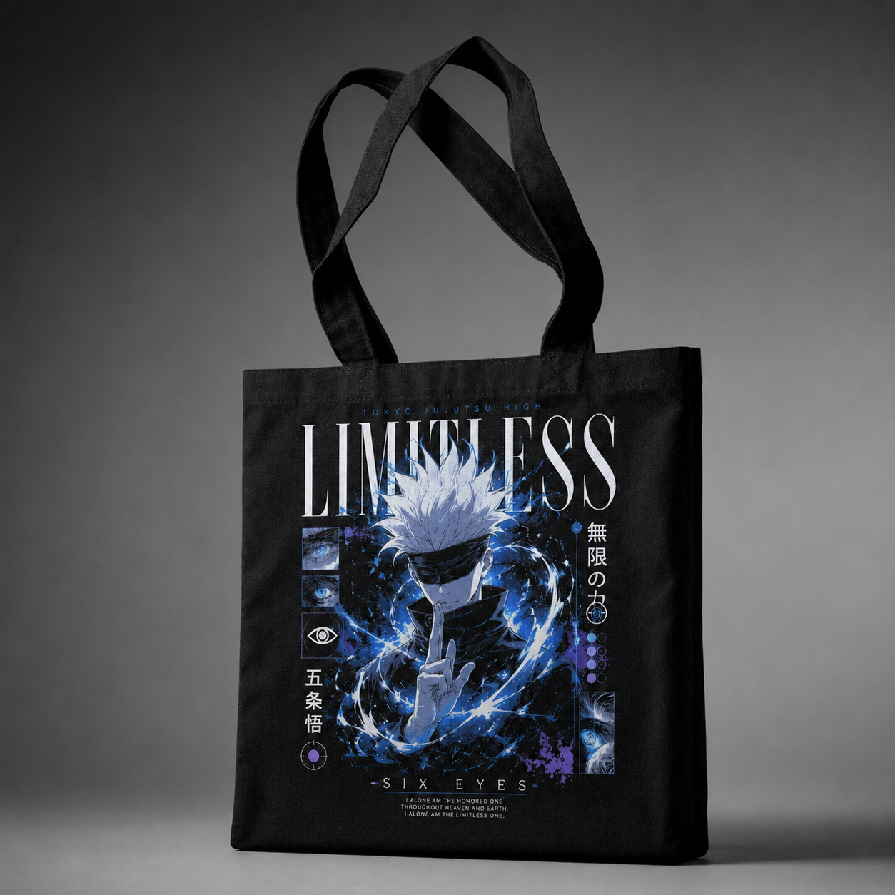 Black tote bag with Satoru Gojo Jujutsu Kaisen Limitless Infinity Gojo graphic – photo 2