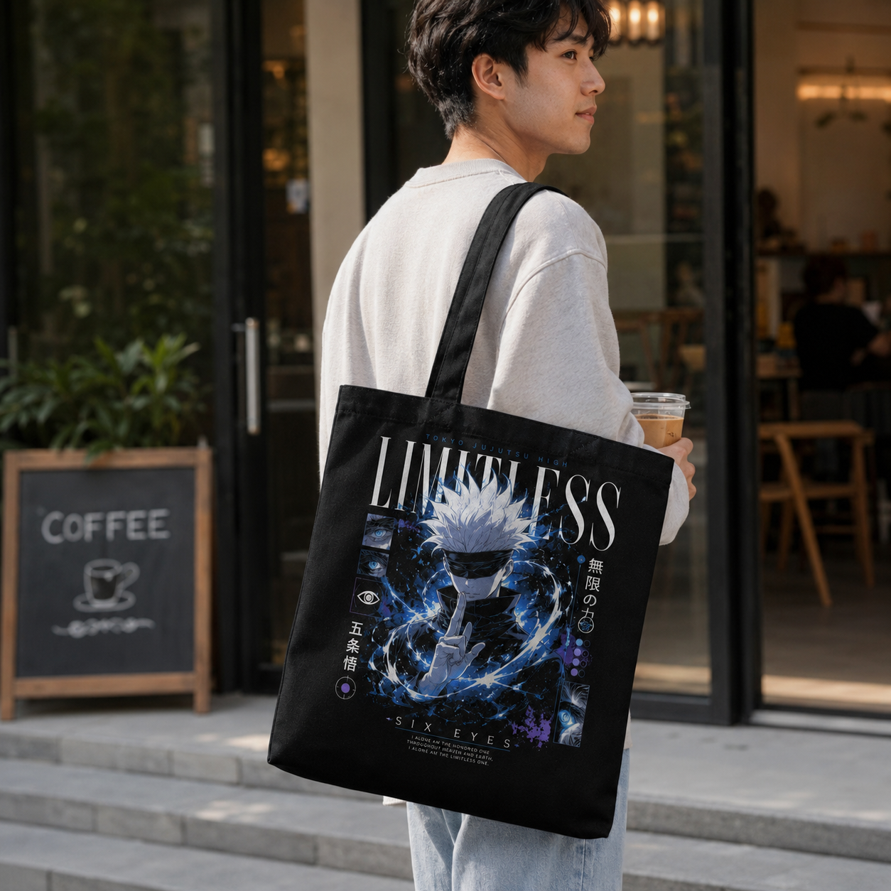 Black tote bag with Satoru Gojo Jujutsu Kaisen Limitless Infinity Gojo graphic – photo 4