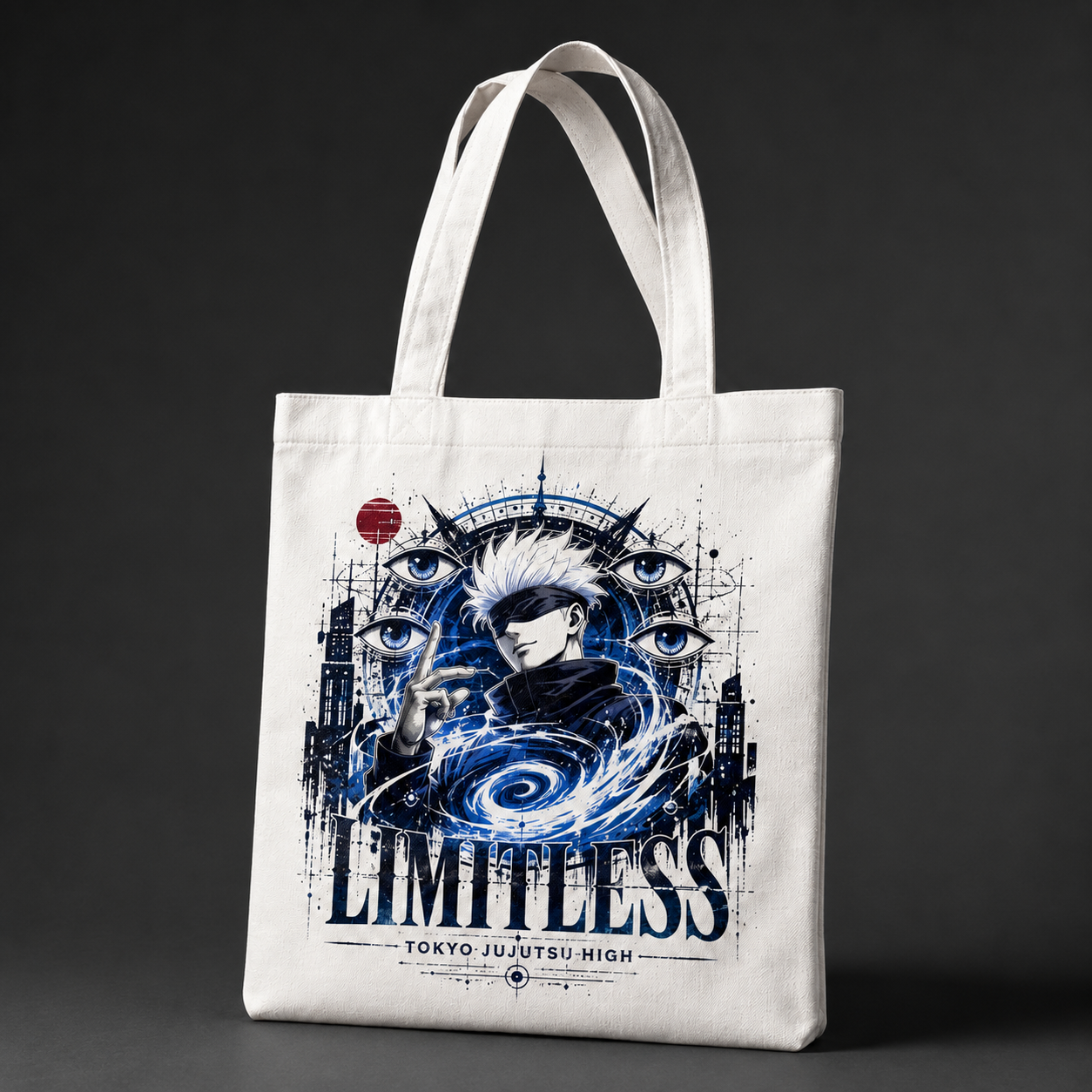 White tote bag with Satoru Gojo Jujutsu Kaisen Limitless Infinity graphic – photo 2
