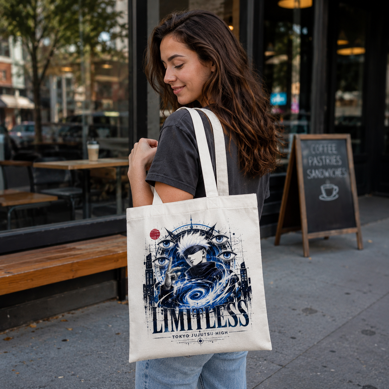 White tote bag with Satoru Gojo Jujutsu Kaisen Limitless Infinity graphic – photo 3