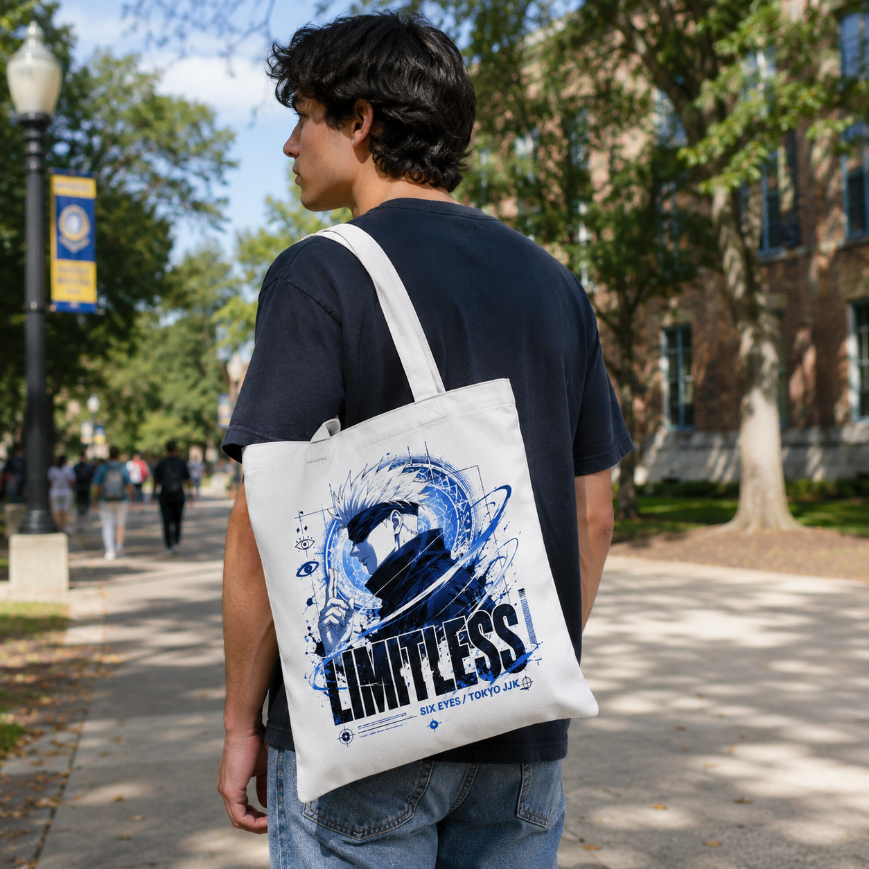White tote bag with Satoru Gojo Jujutsu Kaisen Limitless Six Eyes graphic – photo 3