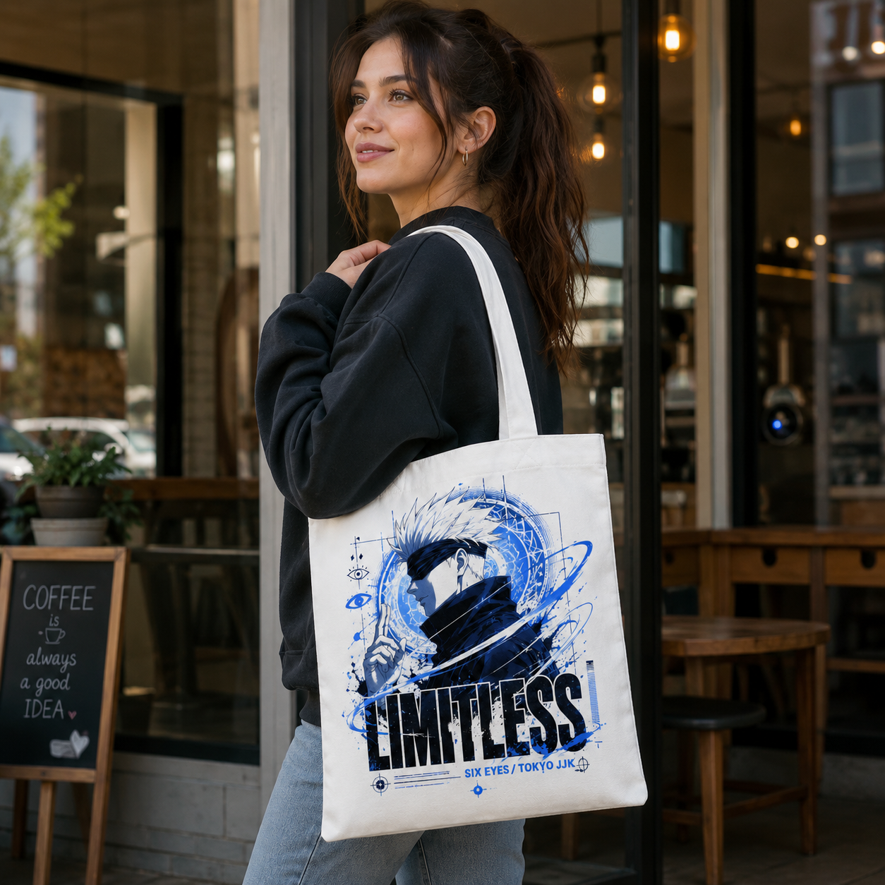 White tote bag with Satoru Gojo Jujutsu Kaisen Limitless Six Eyes graphic – photo 4