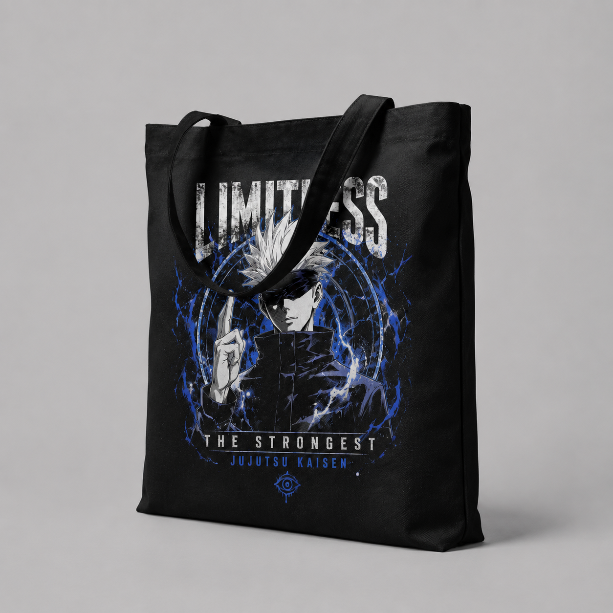Black tote bag with Satoru Gojo Jujutsu Kaisen Limitless Strongest graphic – photo 2