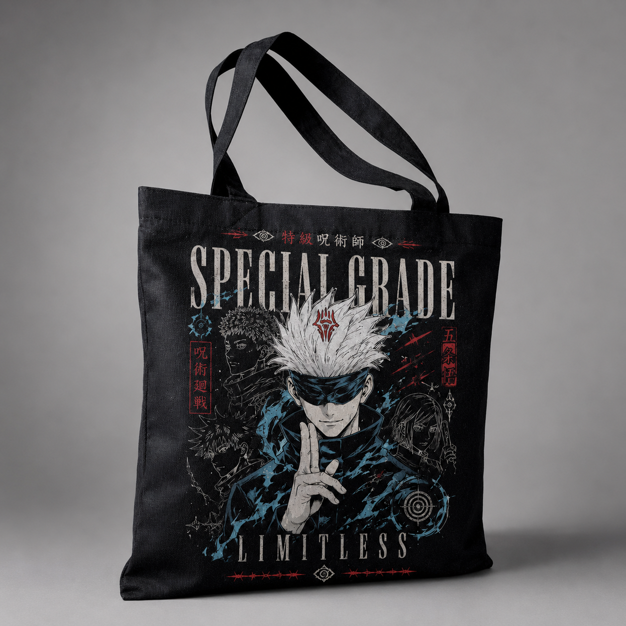 Black tote bag with Satoru Gojo Jujutsu Kaisen Special Grade Sorcerer graphic – photo 2