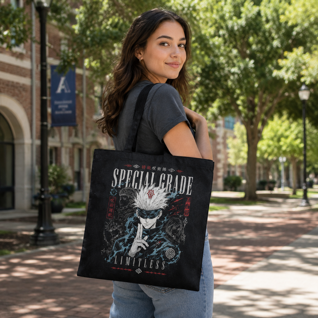 Black tote bag with Satoru Gojo Jujutsu Kaisen Special Grade Sorcerer graphic – photo 3