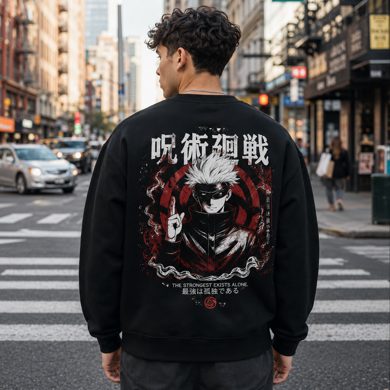 Black sweatshirt with Satoru Gojo Jujutsu Kaisen Strongest Exists Alone graphic – photo 3