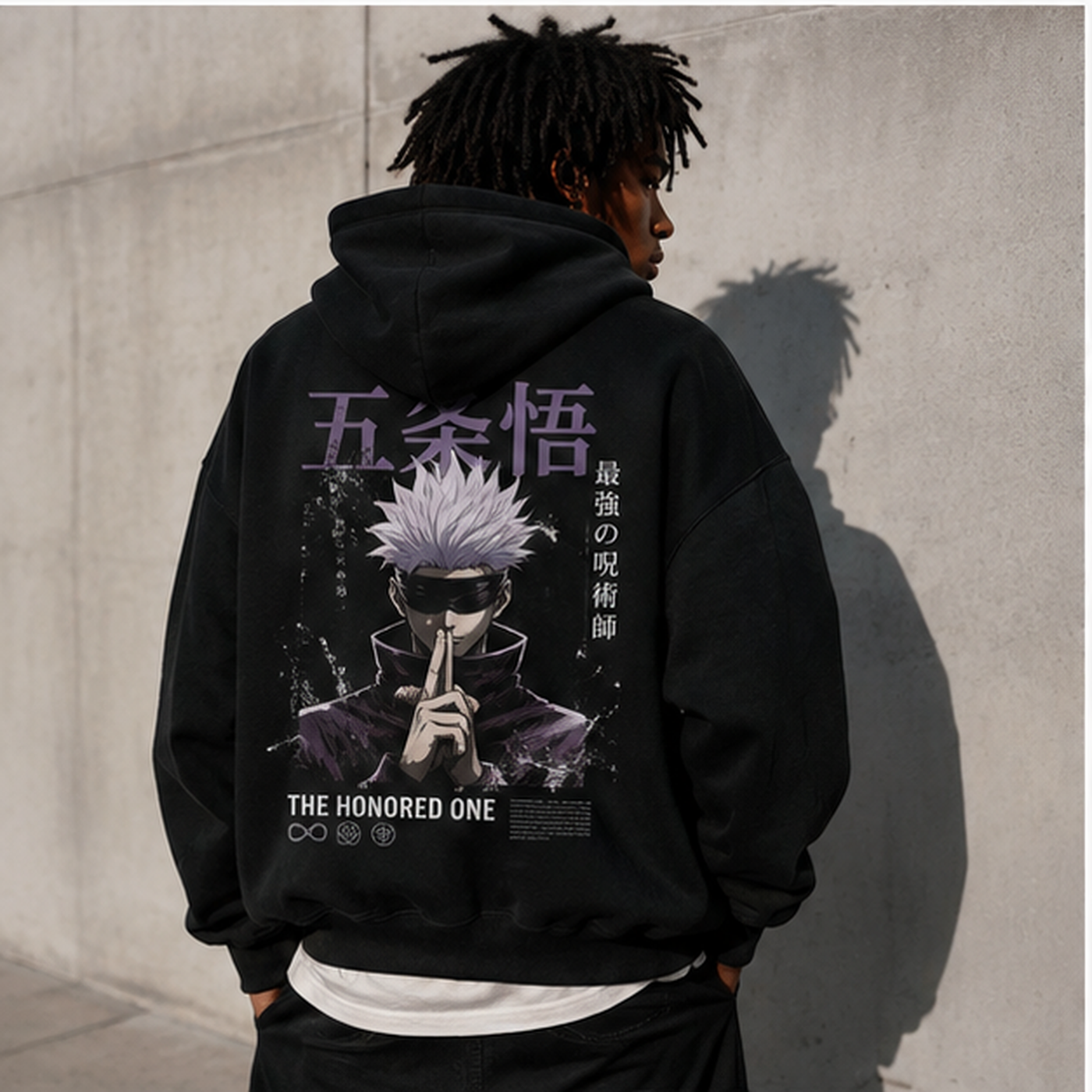 Black hoodie with Satoru Gojo Jujutsu Kaisen The Honored One graphic – photo 3