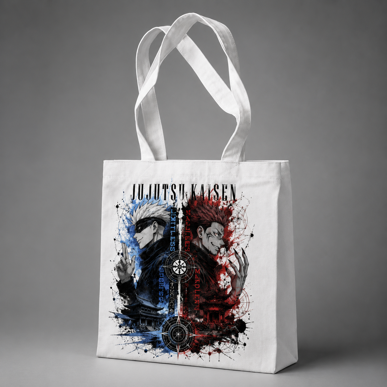 White tote bag with Satoru Gojo & Ryomen Sukuna Jujutsu Kaisen Limitless Vs Malevolent graphic – photo 2
