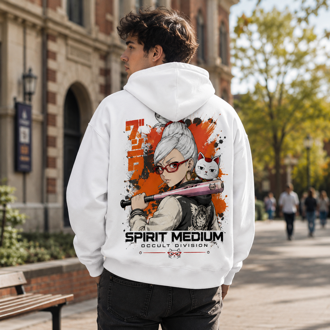 White hoodie with Seiko Ayase Dandadan Spirit Medium graphic – photo 3
