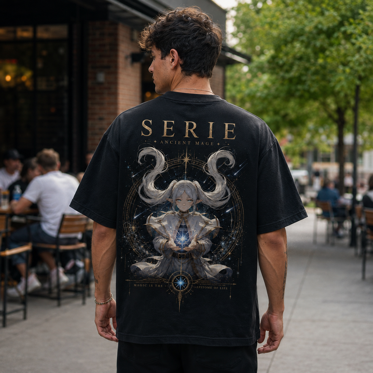 Black t-shirt with Serie Frieren Ancient Mage graphic – photo 3