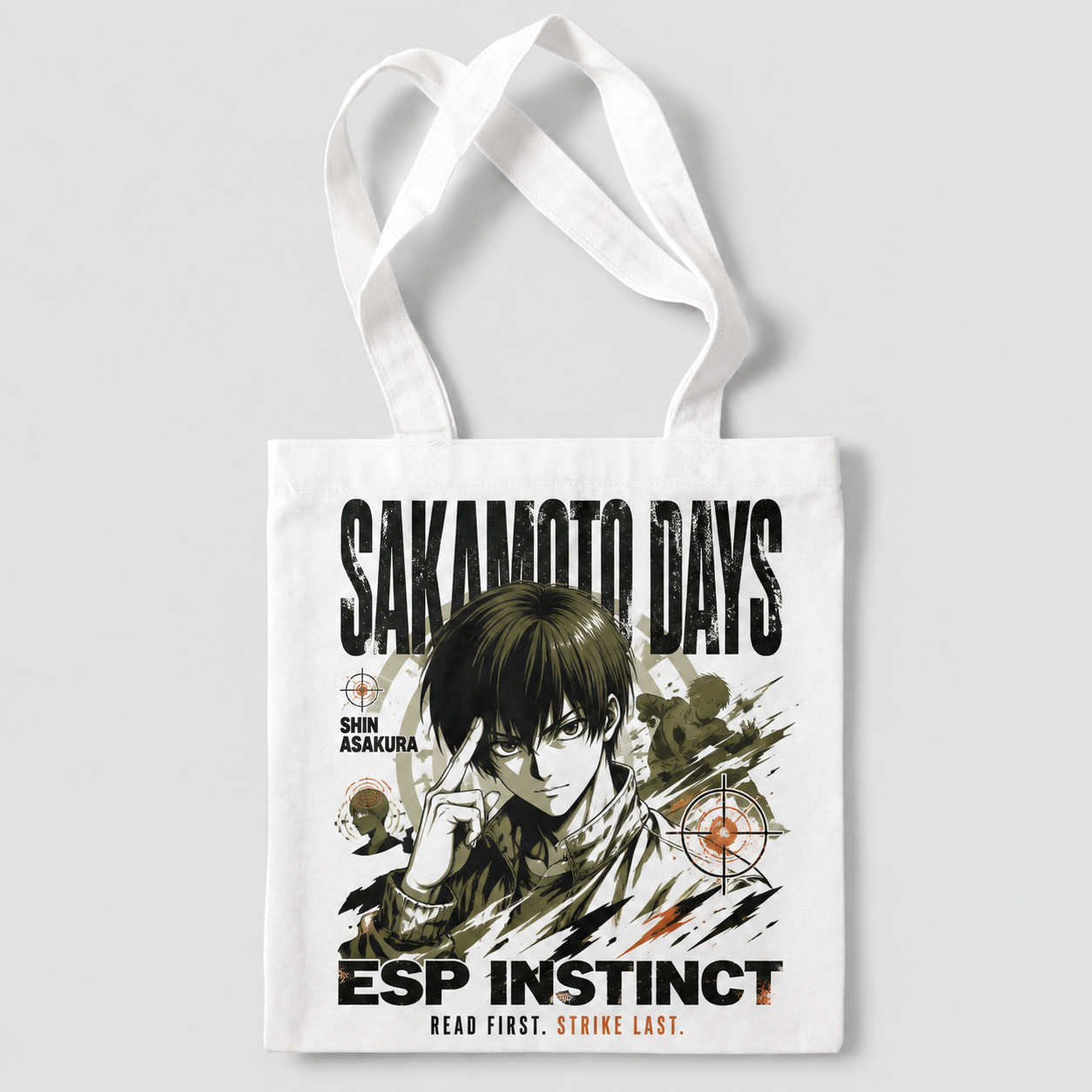 White tote bag with Shin Asakura Sakamoto Days Esp Instinct graphic – photo 1
