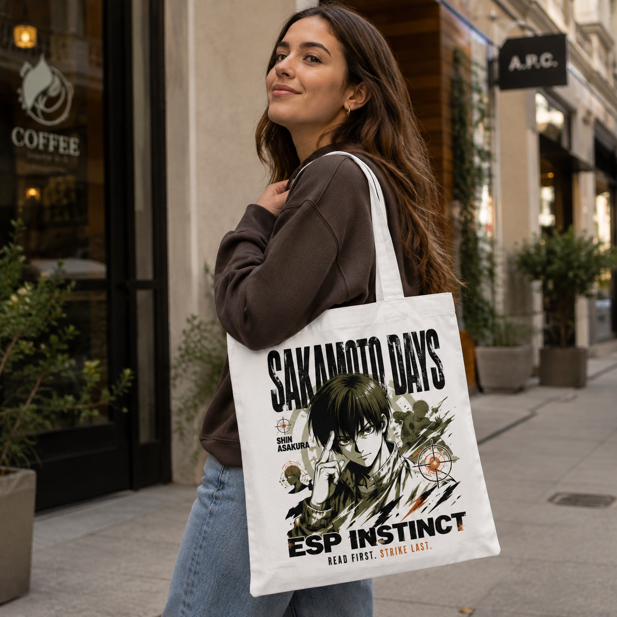 White tote bag with Shin Asakura Sakamoto Days Esp Instinct graphic – photo 3