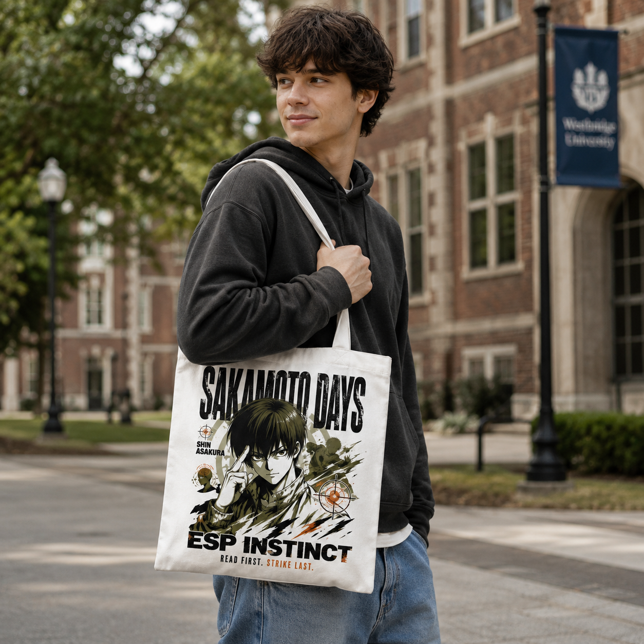 White tote bag with Shin Asakura Sakamoto Days Esp Instinct graphic – photo 4