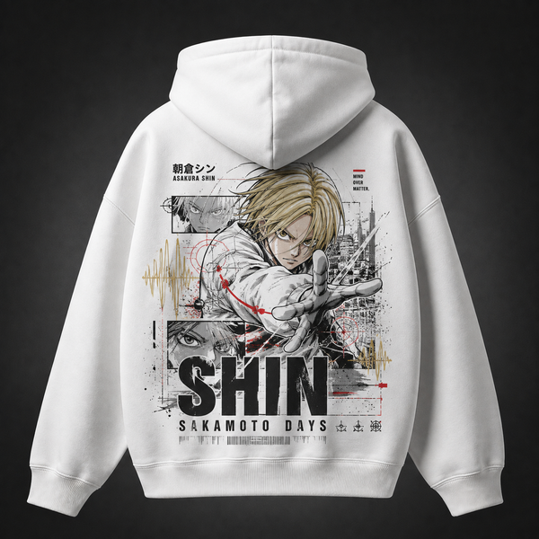White hoodie with Shin Asakura Sakamoto Days Mind Over Matter graphic – photo 1