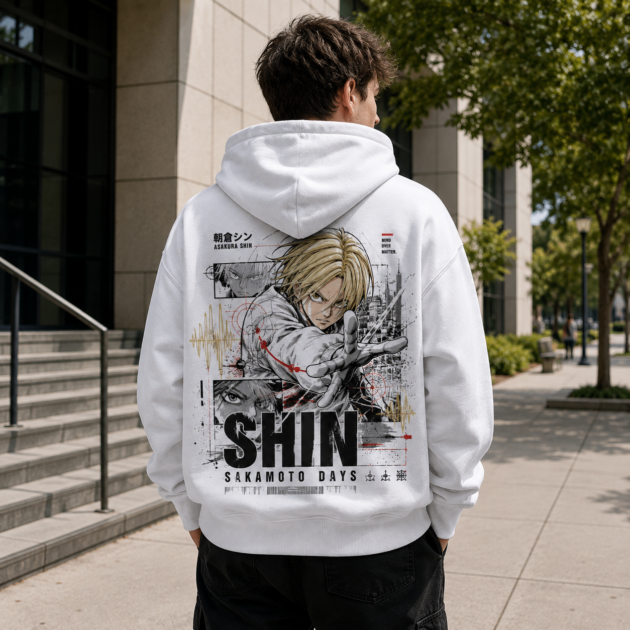 White hoodie with Shin Asakura Sakamoto Days Mind Over Matter graphic – photo 3