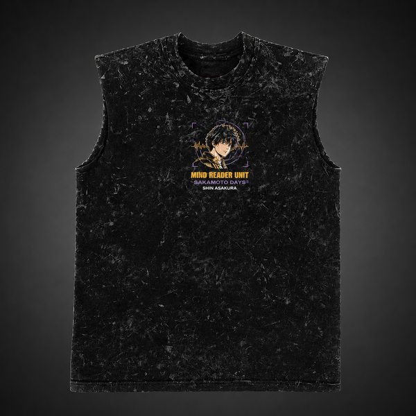 Washed black tank top with Shin Asakura Sakamoto Days Mind Reader Mayhem graphic – photo 2