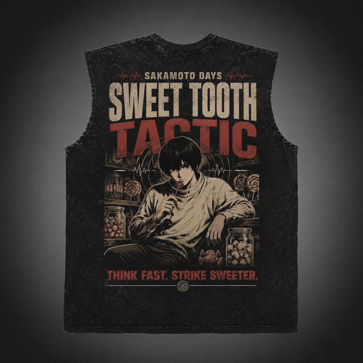 Washed black tank top with Shin Asakura Sakamoto Days Sweet Tooth Tactic graphic – photo 1