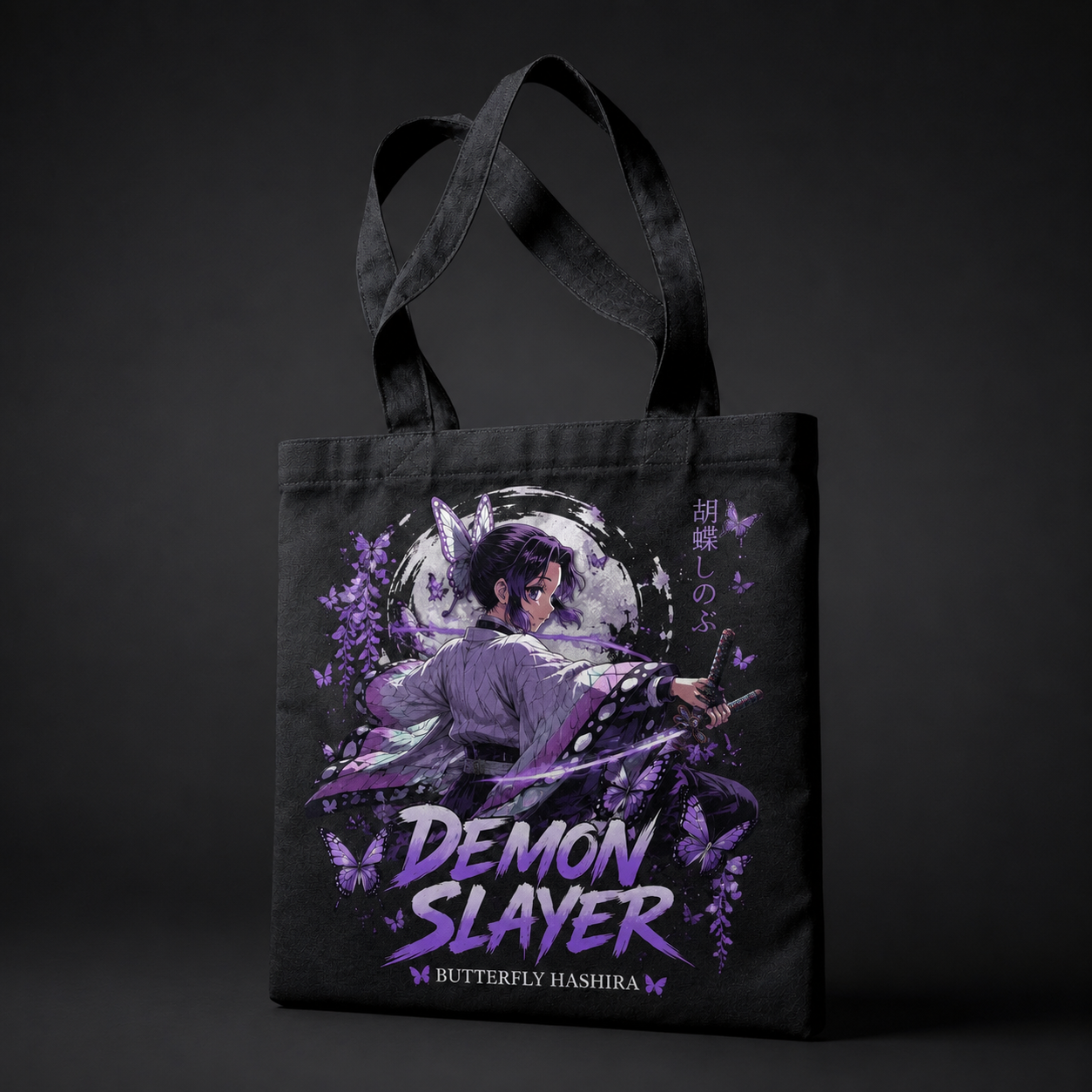 Black tote bag with Shinobu Kocho Demon Slayer Butterfly Hashira graphic – photo 2