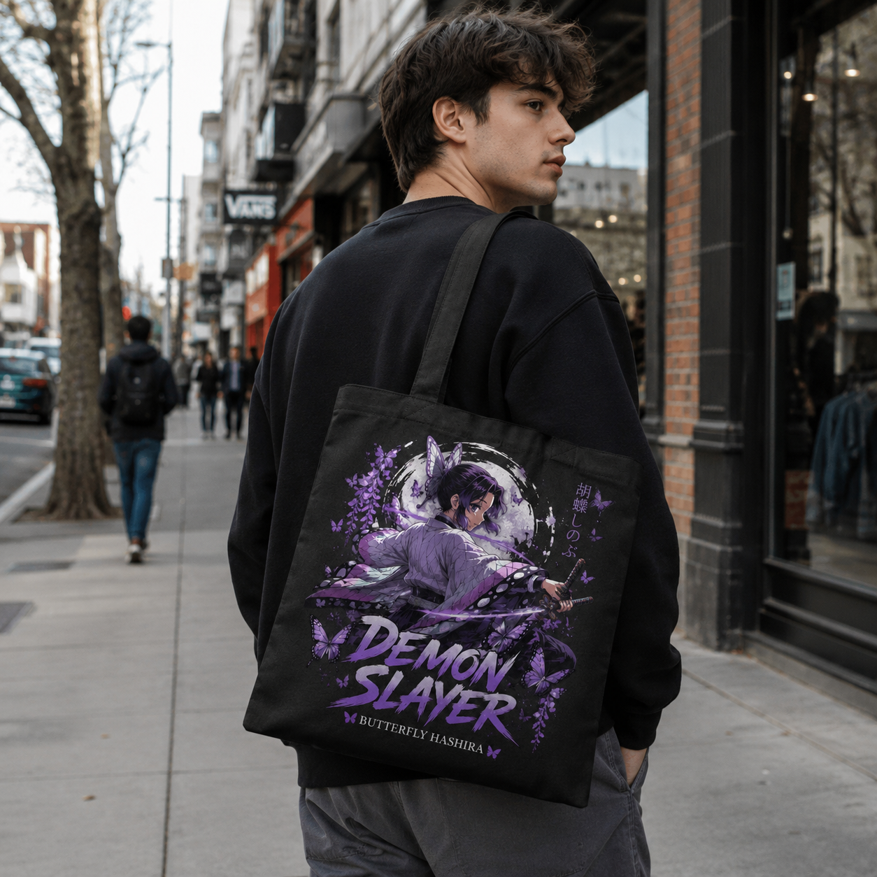 Black tote bag with Shinobu Kocho Demon Slayer Butterfly Hashira graphic – photo 3