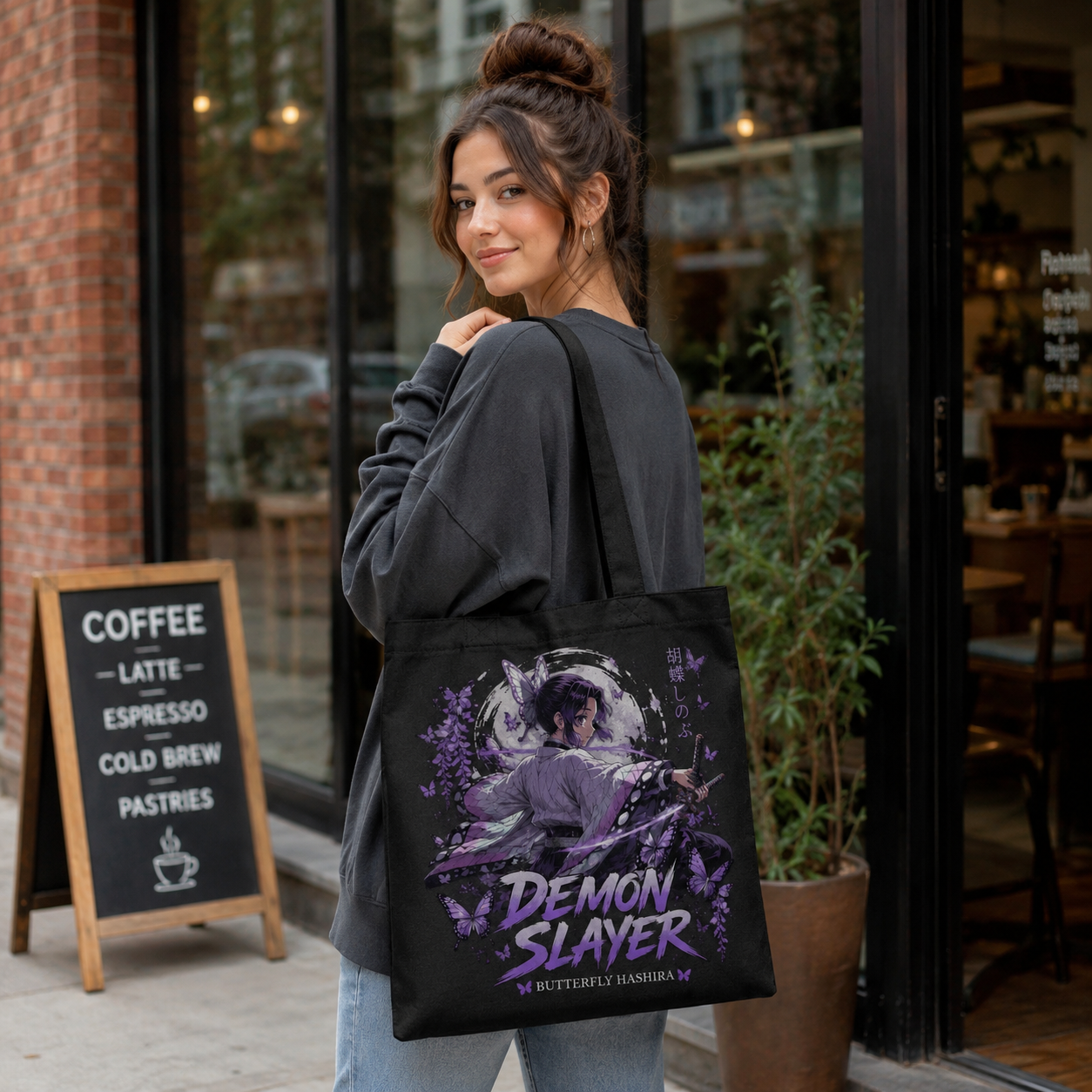 Black tote bag with Shinobu Kocho Demon Slayer Butterfly Hashira graphic – photo 4