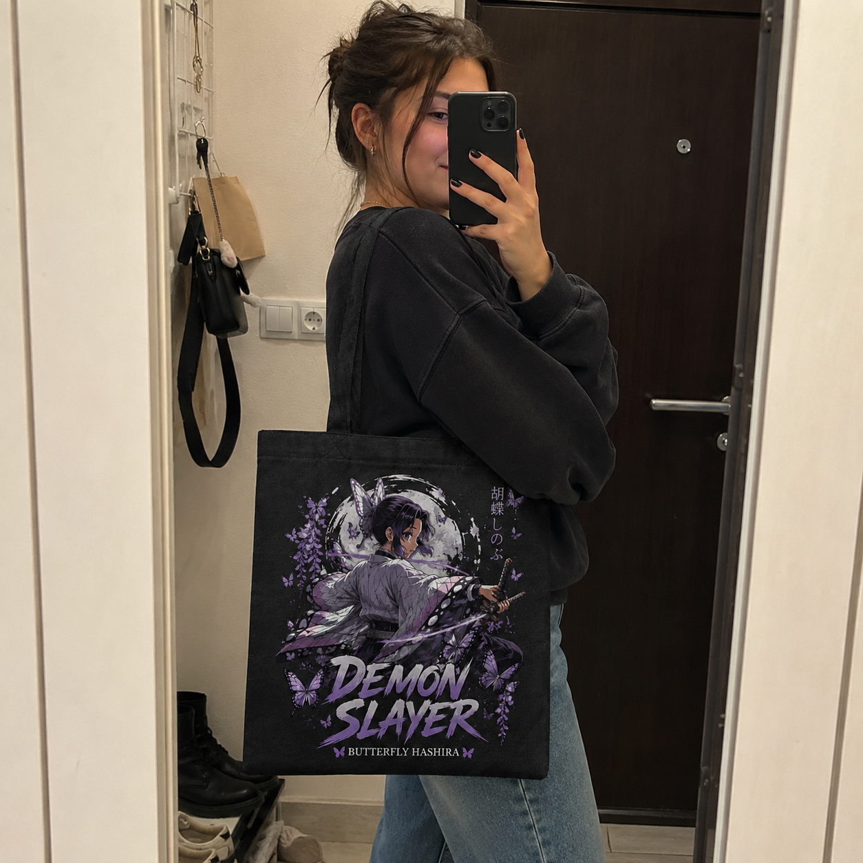 Black tote bag with Shinobu Kocho Demon Slayer Butterfly Hashira graphic – photo 5