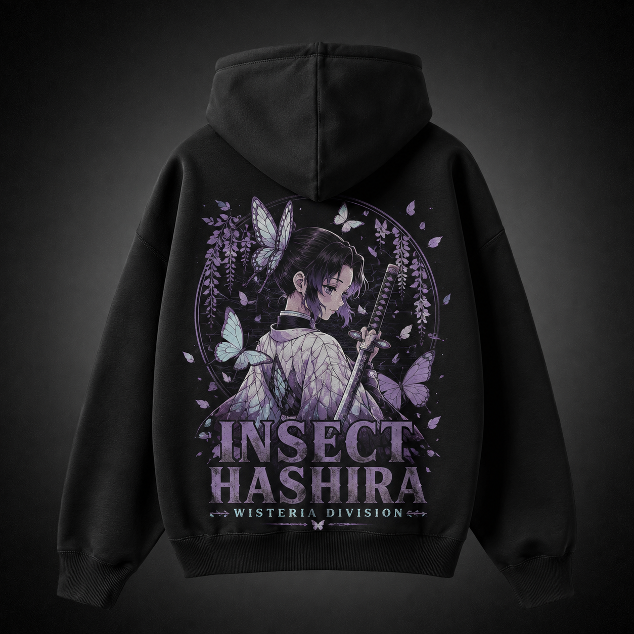 Black hoodie with Shinobu Kocho Demon Slayer Insect Hashira graphic – photo 1