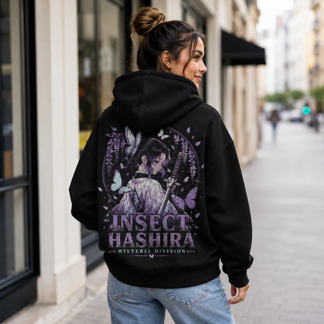 Black hoodie with Shinobu Kocho Demon Slayer Insect Hashira graphic – photo 3