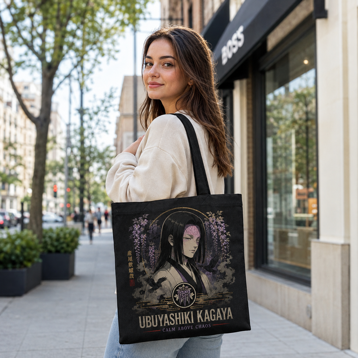 Black tote bag with Shinobu Kocho Demon Slayer Insect Hashira graphic – photo 3