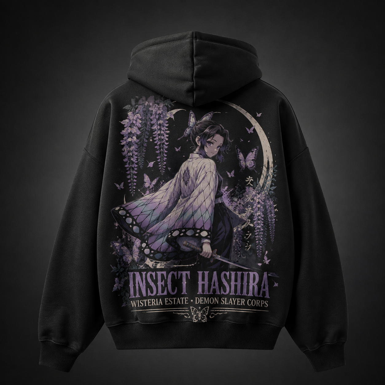 Black hoodie with Shinobu Kocho Demon Slayer Wisteria Estate graphic – photo 1