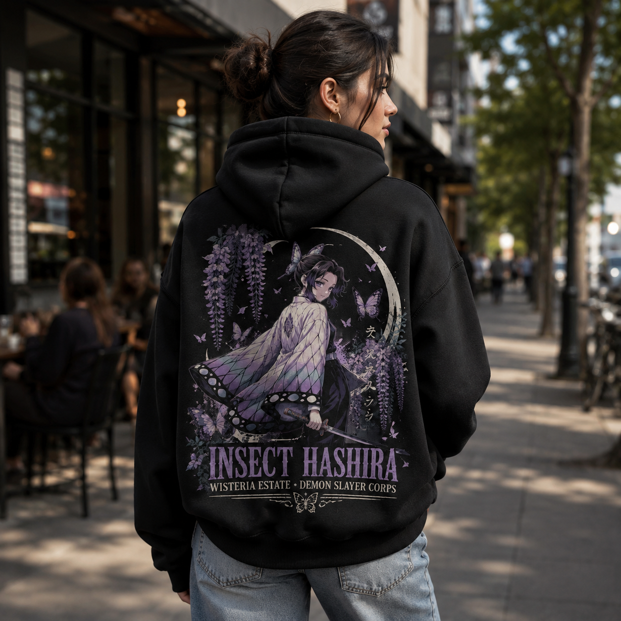 Black hoodie with Shinobu Kocho Demon Slayer Wisteria Estate graphic – photo 3