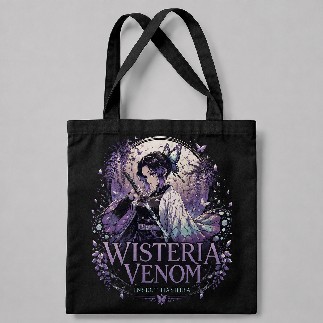 Black tote bag with Shinobu Kocho (Insect Hashira emblem) Demon Slayer Kocho Estate graphic – photo 1