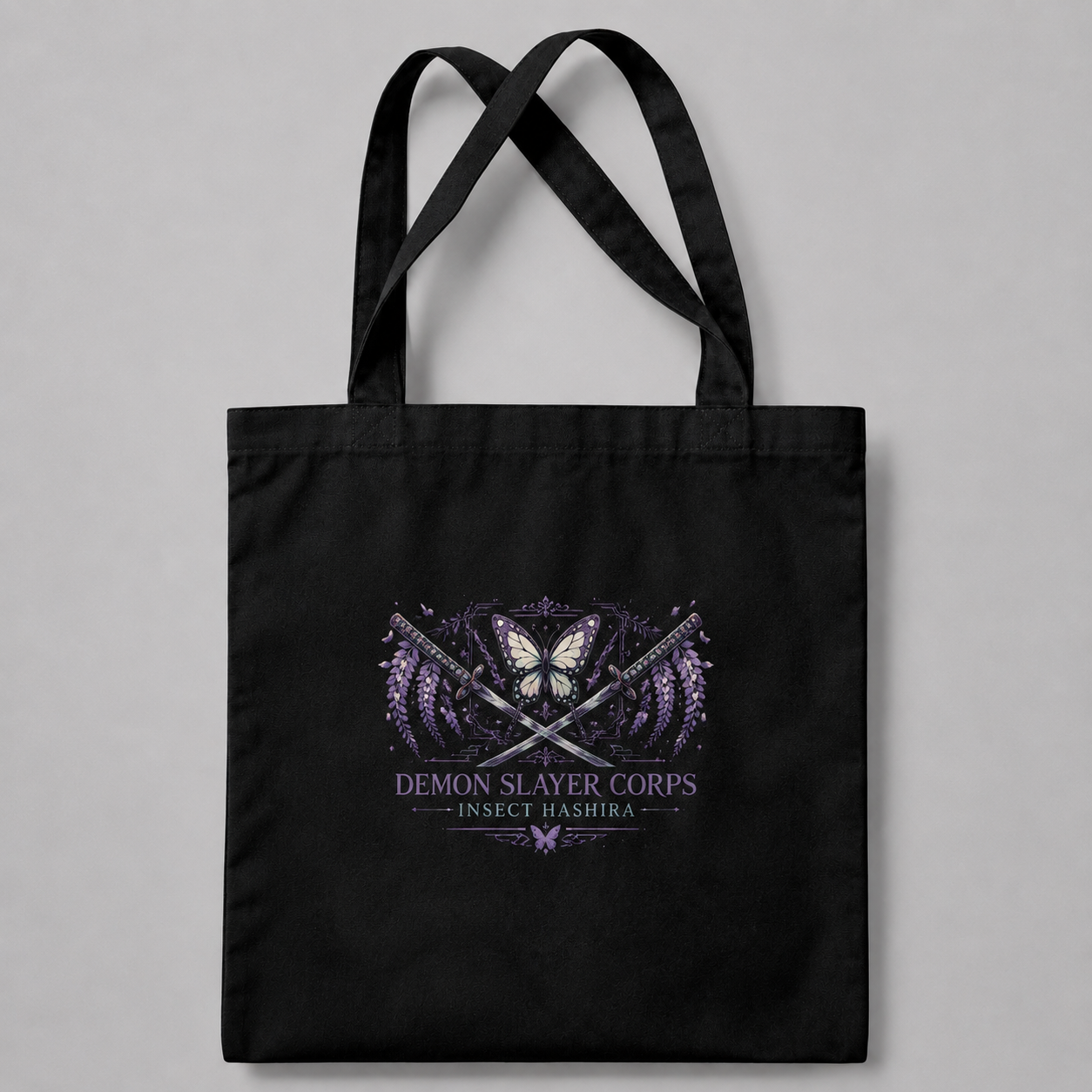 Black tote bag with Shinobu Kocho (Insect Hashira emblem) Demon Slayer Kocho Estate graphic – photo 2