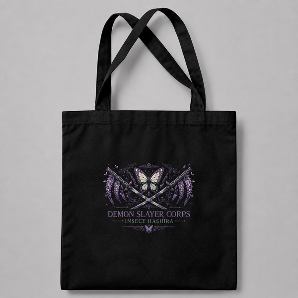Black tote bag with Shinobu Kocho (Insect Hashira emblem) Demon Slayer Kocho Estate graphic – photo 2