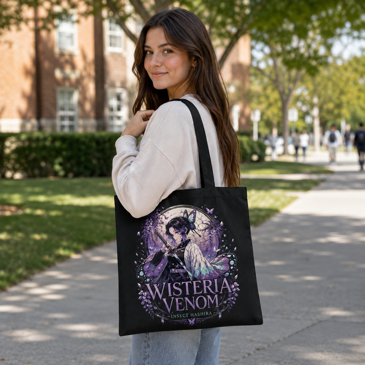 Black tote bag with Shinobu Kocho (Insect Hashira emblem) Demon Slayer Kocho Estate graphic – photo 3