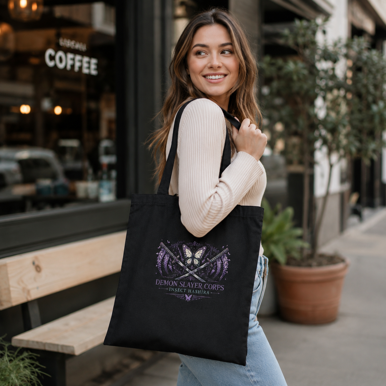 Black tote bag with Shinobu Kocho (Insect Hashira emblem) Demon Slayer Kocho Estate graphic – photo 4