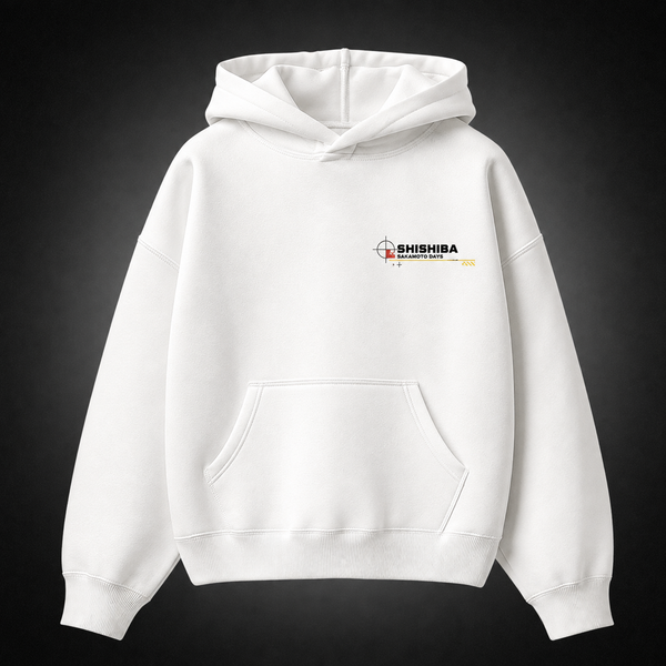 White hoodie with Shishiba Sakamoto Days Legendary Assassin Order graphic – photo 2