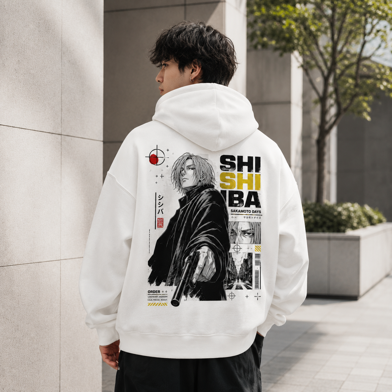 White hoodie with Shishiba Sakamoto Days Legendary Assassin Order graphic – photo 3