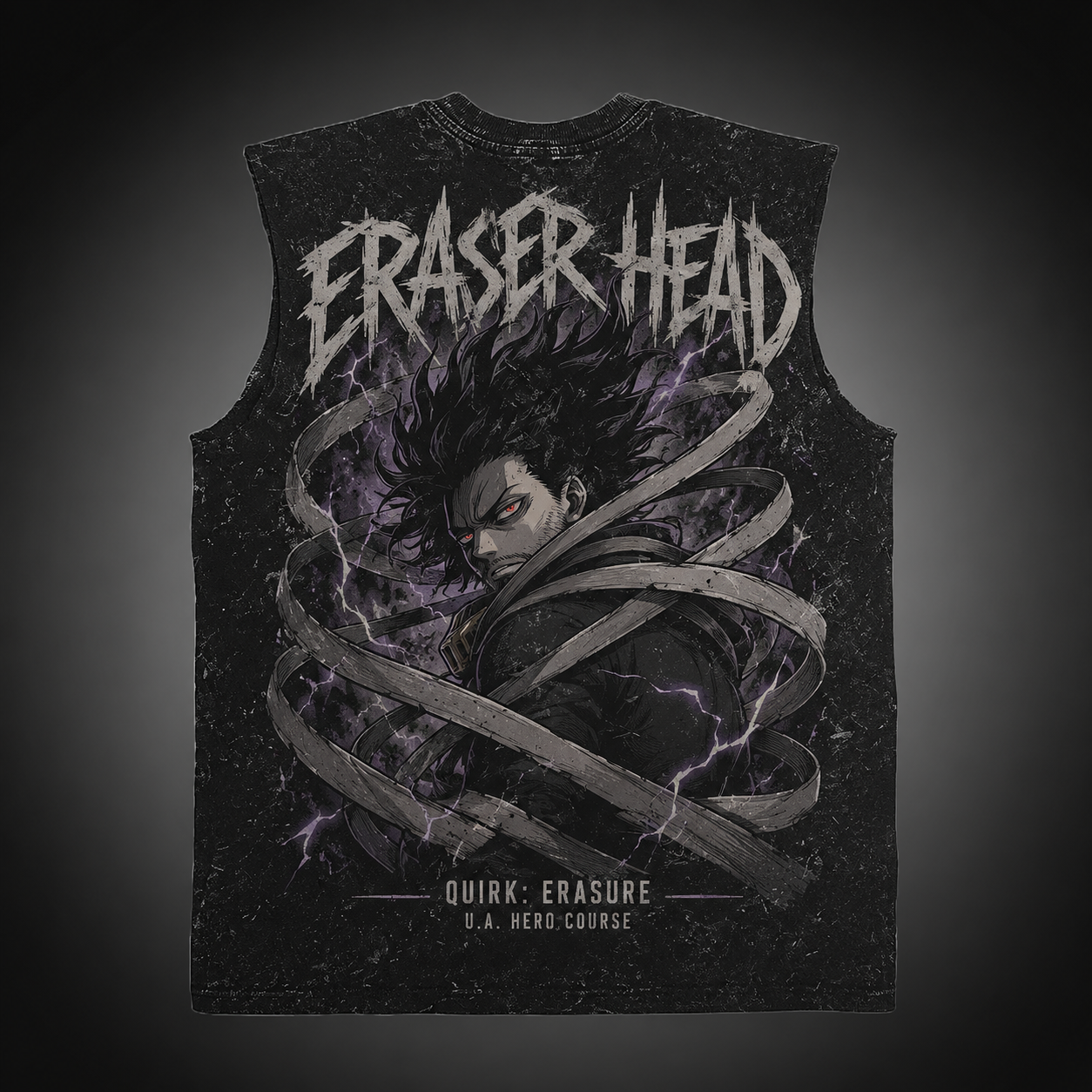 Washed black tank top with Shota Aizawa My Hero Academia Eraser Head Quirk Erasure graphic – photo 1